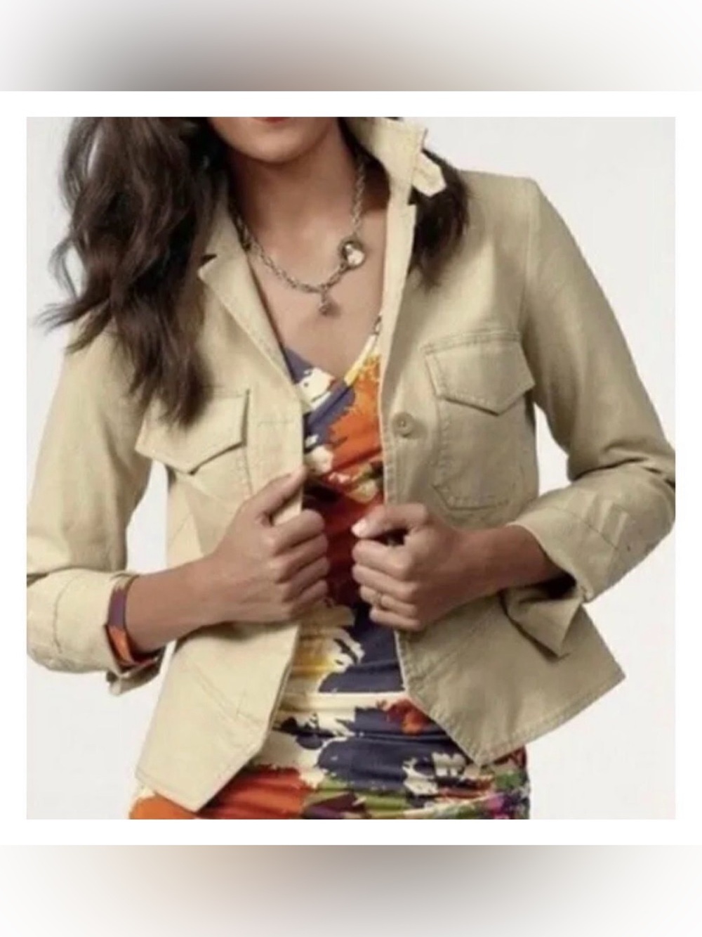 CAbi Chamois Khaki Utility Jacket with Front Flap Pockets and Peplum waist